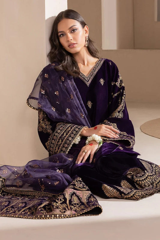 AR-1079 Embroidered 9000 Micro Velvet 3Pc With Organza Embroidered Dupatta