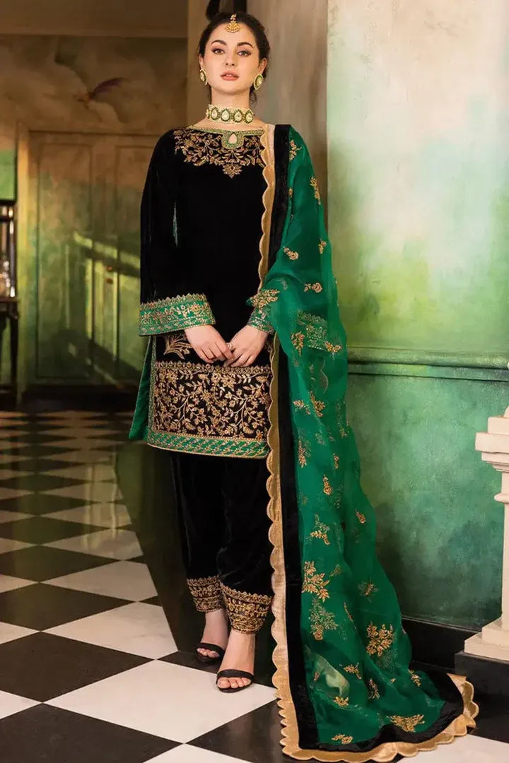 AR-1027 Sequence Embroidered 9000 Micro Velvet 3Pc With Organza Embroidered Dupatta