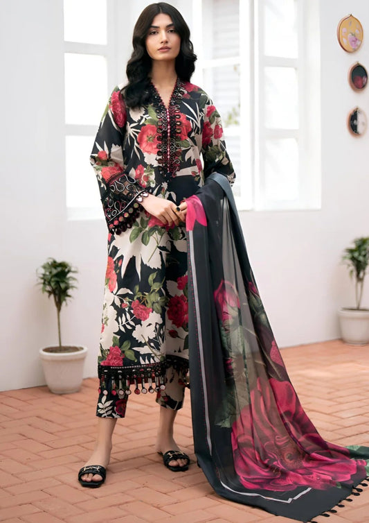 Printed unstitched Lawn Suit 3pc Wth Lawn Printed Dupatta & Embroidered Patches