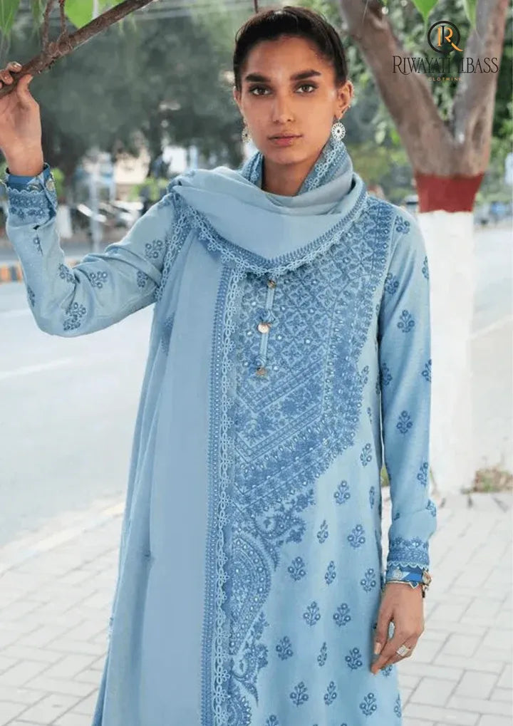 Embroided 3pc Lawn Suit With Embroidered Chiffon Dupatta