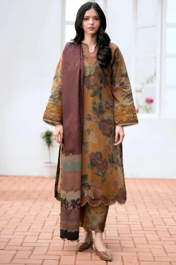 Digital Printed Khaddar Suit 3pc With Khaddar Digital Printed Dupatta & Embroidered Patches