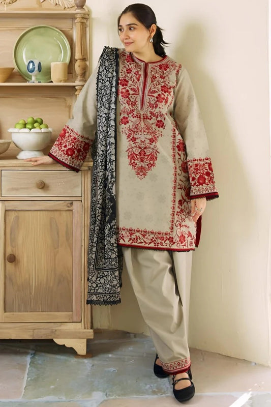 AR-57 Unstitched Fully Embroided Dhanak Suit With Wool Shawl
