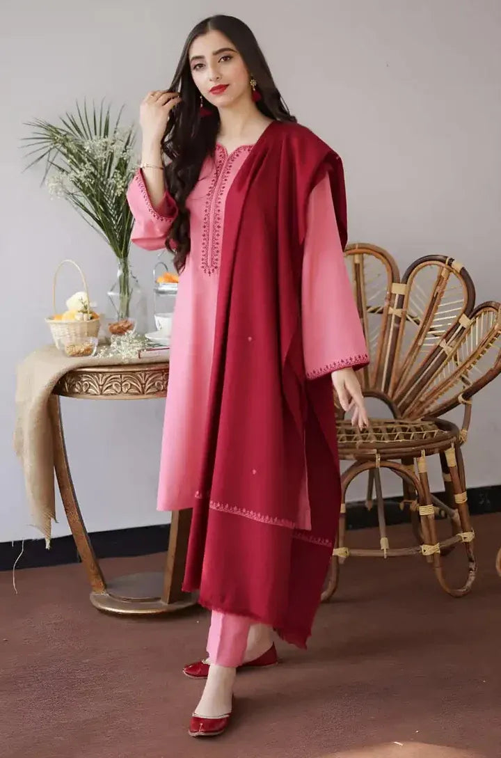 AR-AS05 Unstitched Fully Embroidered Dhanak Suit With Dhanak Shawl