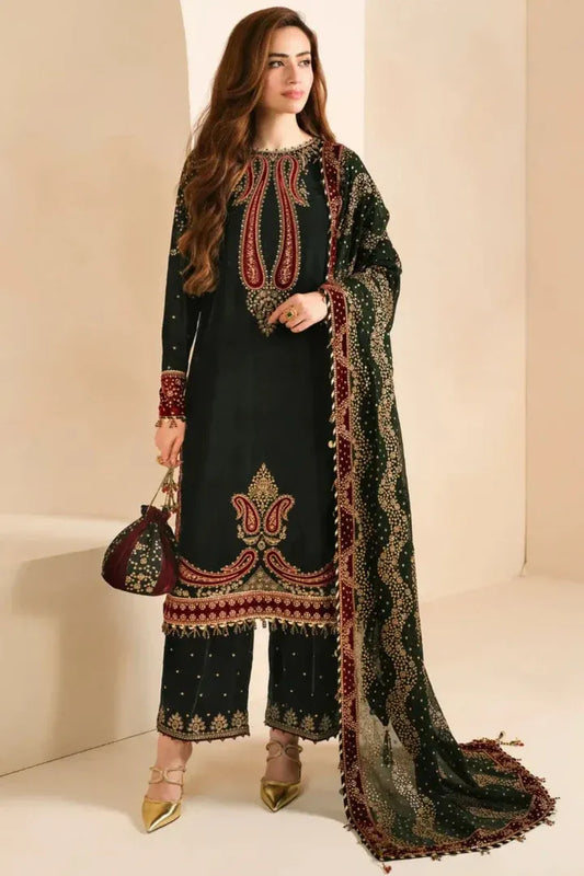 AR-999 Embroidered 9000 Micro Velvet 3Pc With Embroidered Chiffon Dupatta