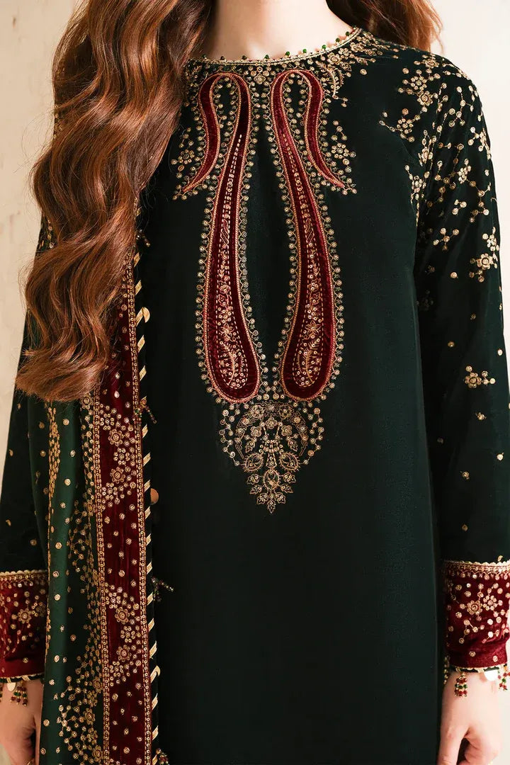 AR-999 Embroidered 9000 Micro Velvet 3Pc With Embroidered Chiffon Dupatta