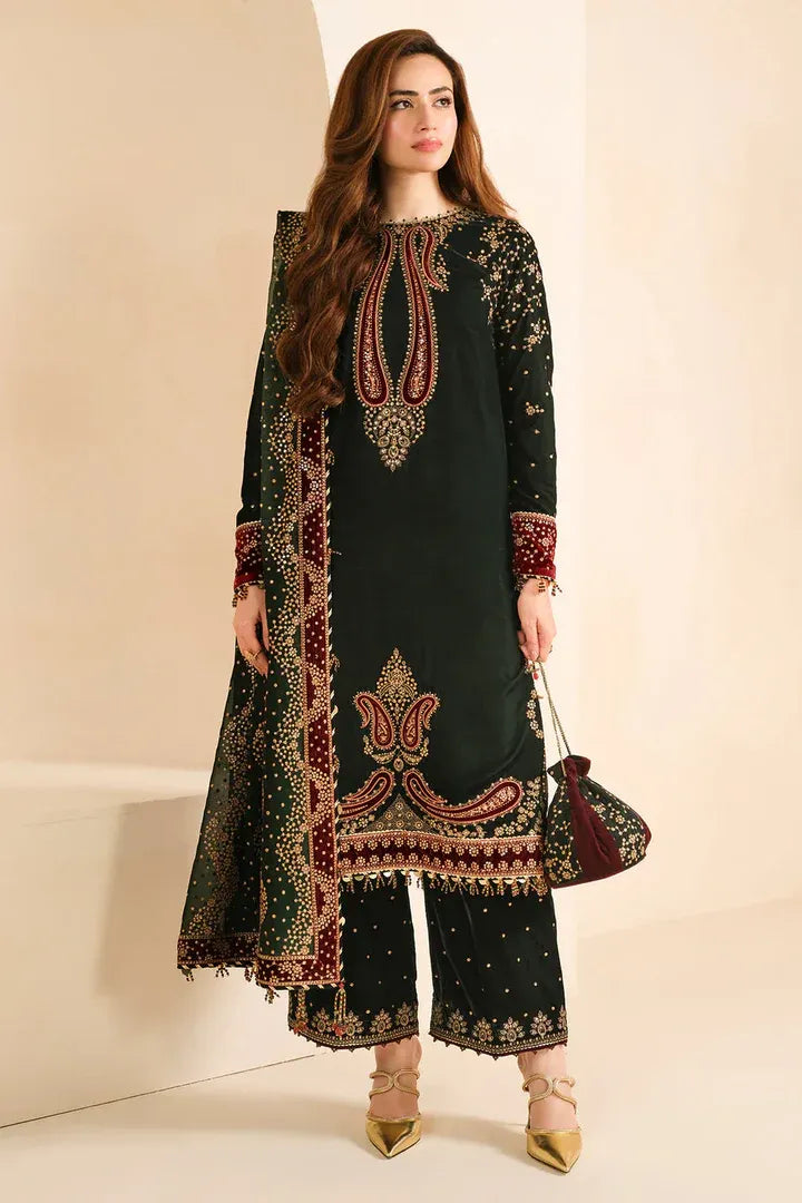 AR-999 Embroidered 9000 Micro Velvet 3Pc With Embroidered Chiffon Dupatta