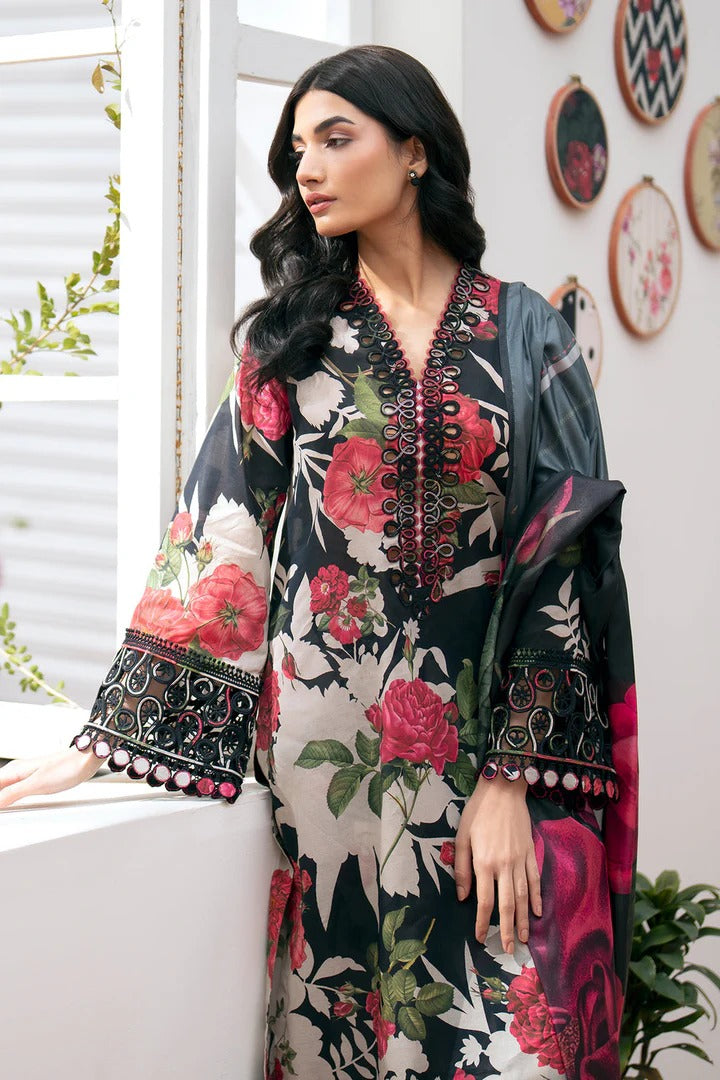 Printed unstitched Lawn Suit 3pc Wth Lawn Printed Dupatta & Embroidered Patches