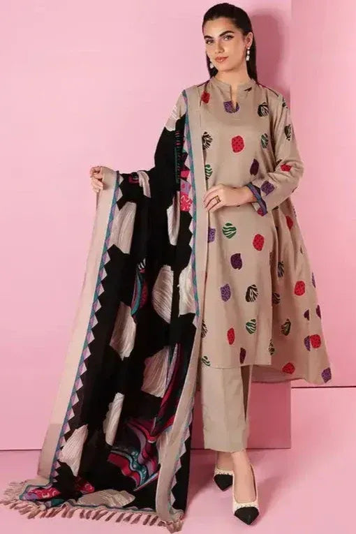 AR-2042 Unstitched Fully Embroided Dhanak Suit With Wool Shawl