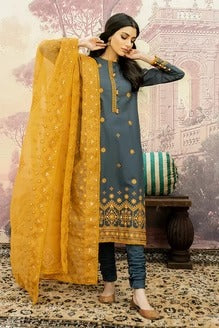 3Pc Unstitched Sequence Embroidered Lawn Suit With Organza Embroidered Dupatta