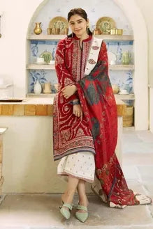 AR-50 (Red) Lawn Embroidered 3pc With Printed Chiffon Dupatta